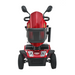 Front view of the Metro Mobility S500 Heavy Duty 4-Wheel Power Scooter, showcasing its red color with black accents. Equipped with two small headlights and side mirrors, this scooter offers stability and features the Metro brand name on the lower front panel.