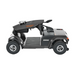 Side view of a Metro Mobility S500 Heavy Duty 4-Wheel Power Scooter in black and gray with a sleek design. It features large wheels, rearview mirrors, a roof with a small windshield, and an interior with textured flooring and a compact dashboard for style and durability.