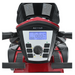 Close-up view of a red treadmill control panel with a digital display showing speed and distance, surrounded by adjustable buttons similar to those on the Metro Mobility S500 Heavy Duty 4-Wheel Power Scooter. Black handlebars are also featured.
