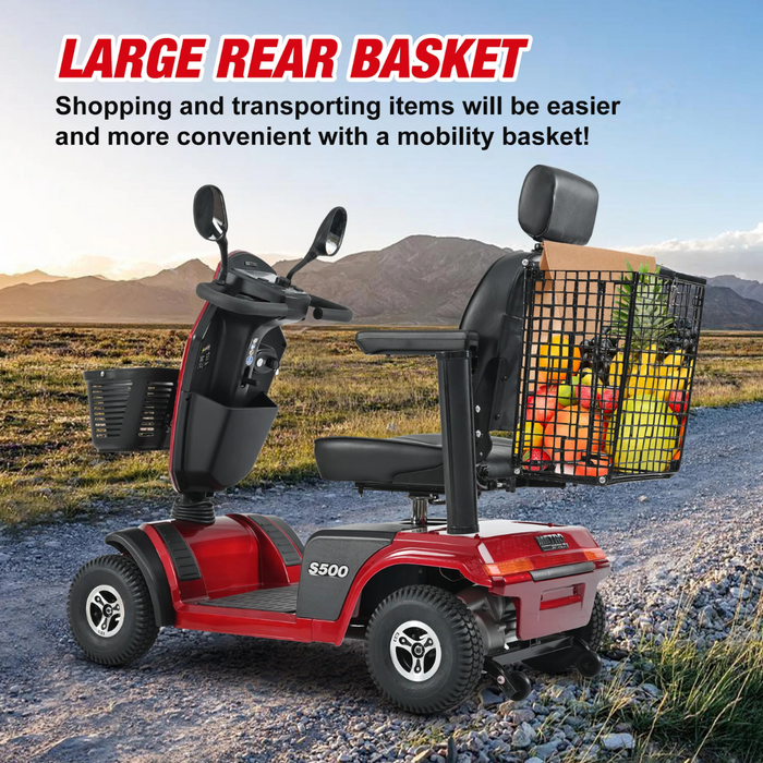 A Metro Mobility S500 Heavy Duty 4-Wheel Power Scooter, featuring sleek black accents and a comfy seat with handlebars, is parked on a gravel path. Its spacious rear basket is full of groceries, showcasing enhanced mobility and effortless convenience in transporting items.