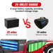 Infographic compares two battery ranges: 25-mile for the Metro Mobility S500s larger battery, ideal for long journeys on the heavy-duty 4-wheel power scooter, and a 10-mile range for shorter travel.