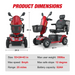 Introducing the Metro Mobility S500 Heavy Duty 4-Wheel Power Scooter in vibrant red with a basket and comfy seat. Measuring 53L x 24W x 43H, it supports up to 350 lbs, reaches speeds of 8 mph, covers up to 25 miles, and handles slopes up to 12 degrees—perfect for your mobility needs.