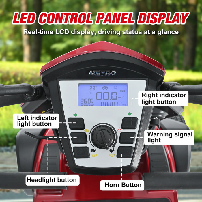 Close-up of the Metro Mobility S500s LED control panel with buttons for Left Indicator, Headlight, Horn, Right Indicator, and Warning Signal. Screen shows temperature, speed, battery level, and distance. Red header text: LED CONTROL PANEL DISPLAY.