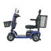 The Metro Mobility S500 Heavy Duty 4-Wheel Power Scooter is blue with a black cushioned seat, front shopping basket, rear metal storage rack, handlebars with mirrors.