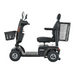 Side view of a black Metro Mobility S500 Heavy Duty 4-Wheel Power Scooter with a seat, armrests, large rear basket, and front basket; includes a control panel with mirrors.