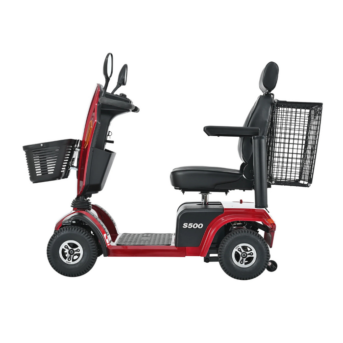 The Metro Mobility S500 Heavy Duty 4-Wheel Power Scooter features a red frame, black seat and backrest, a front basket, and rear storage. Photographed from the side against a white background, it combines functionality and style for all your mobility needs.