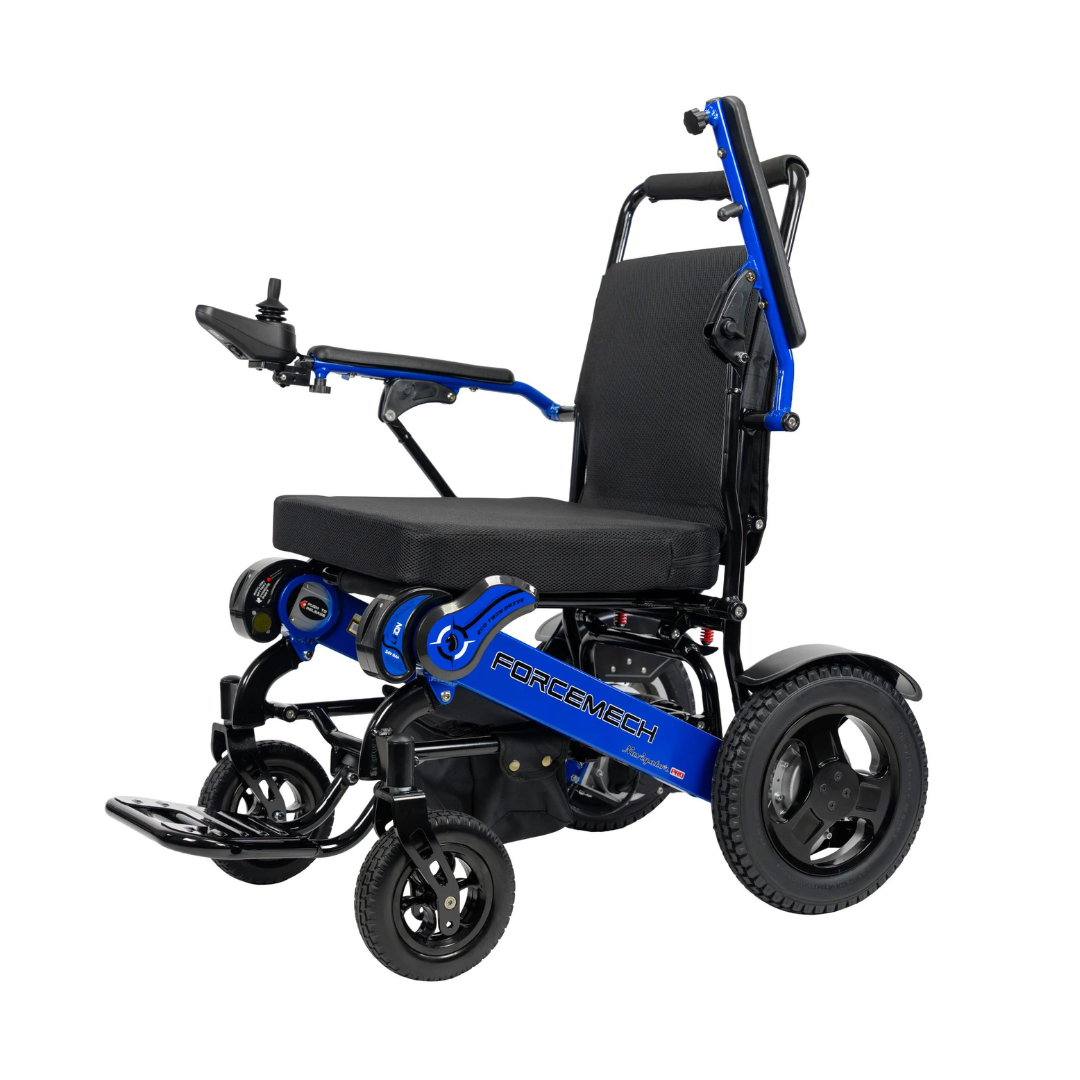 The Forcemech Navigator PRO Bariatric Portable Powerchair, FAA approved, features eco-brushless motors, large rear wheels, swivel front wheels, a cushioned seat, and right armrest joystick control for advanced mobility.