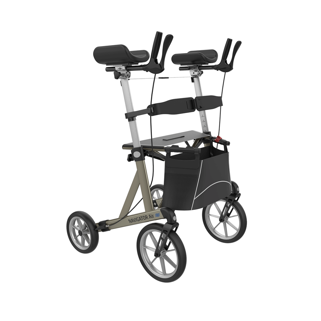 Discover mobility support with the Rehasense Navigator Air Portable Upright Rolling Walker, featuring four large wheels, ergonomic armrests, adjustable handles, a seat, and a black storage bag—see specifications for details.