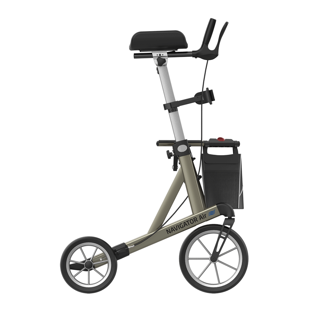 A side view of the Rehasense Navigator Air Portable Upright Rolling Walker, featuring large wheels, a padded seat, handlebars with brakes, storage bag, and a lightweight foldable design; see specifications for details.