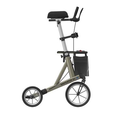 A side view of the Rehasense Navigator Air Portable Upright Rolling Walker, featuring large wheels, a padded seat, handlebars with brakes, storage bag, and a lightweight foldable design; see specifications for details.