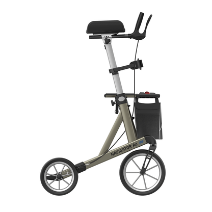 A side view of the Rehasense Navigator Air Portable Upright Rolling Walker, featuring large wheels, a padded seat, handlebars with brakes, storage bag, and a lightweight foldable design; see specifications for details.