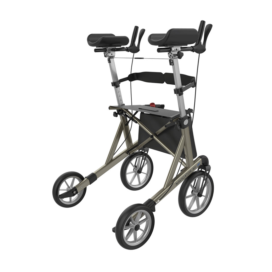 The Rehasense Navigator Air Portable Upright Rolling Walker features large wheels, adjustable padded armrests, and ergonomic hand grips for enhanced stability and forearm support. See specifications for more details.