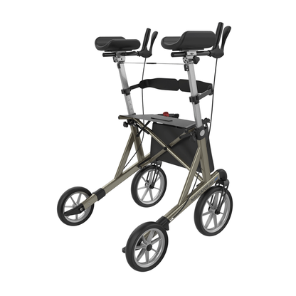 The Rehasense Navigator Air Portable Upright Rolling Walker features large wheels, adjustable padded armrests, and ergonomic hand grips for enhanced stability and forearm support. See specifications for more details.