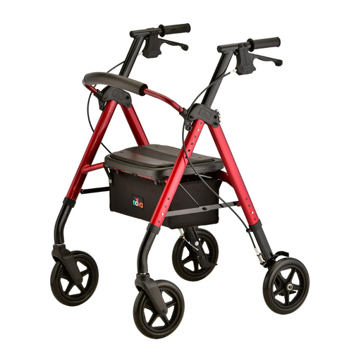 The Nova Medical Star DX Rollator Walker with Wide Padded Seat & 8” Wheels in red