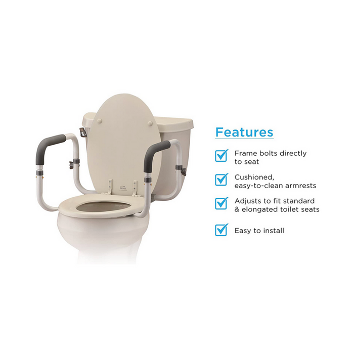 Features of the Nova Medical Toilet Support Rails include easy to clean, easy to attach, height adjustable and easy installation