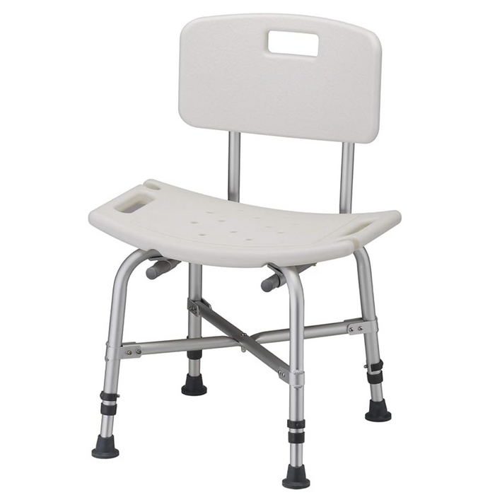 The Nova Medical Heavy Duty Bariatric Shower Chair features a contoured plastic seat and backrest, adjustable metal legs with non-skid rubber tips for stability and safety, and comes in white.