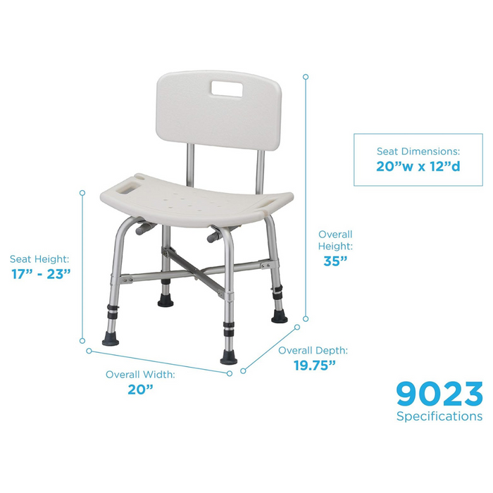 Image of the Nova Medical Heavy Duty Bariatric Shower Chair with adjustable metal legs, backrest, and non-skid rubber tips for safety. Seat dimensions: 20W x 12D. Overall height: 35, adjustable seat height: 17-23. Ideal for shower and bath, model number 9023.