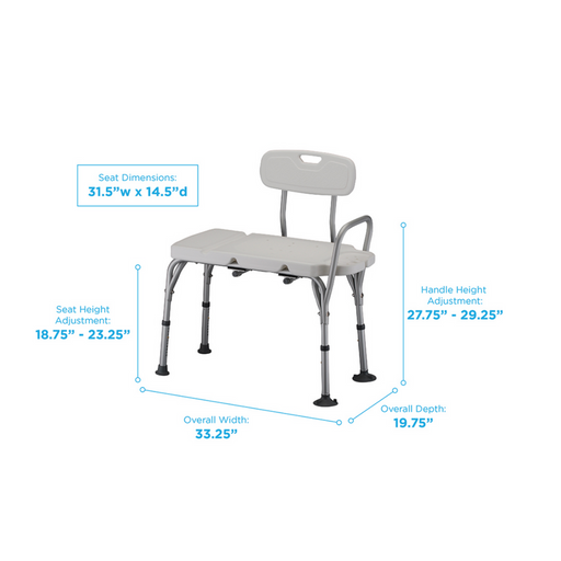 Dimensions for the Nova Medical Deluxe Bathtub Transfer Bench With Soap Tray & Detachable Back