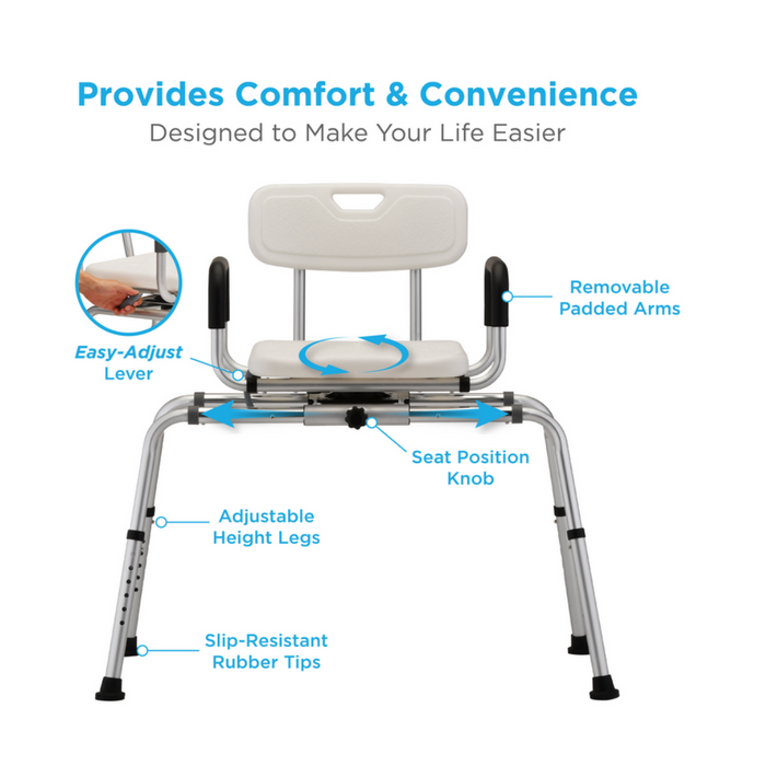 The Nova Medical Sliding Swivel Seat Bathtub Transfer Bench provides comfort and convenient with a variety of features