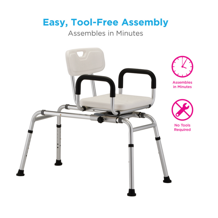 The Nova Medical Sliding Swivel Seat Bathtub Transfer Bench has aneasy tool-free assembly and can assemble in minutes