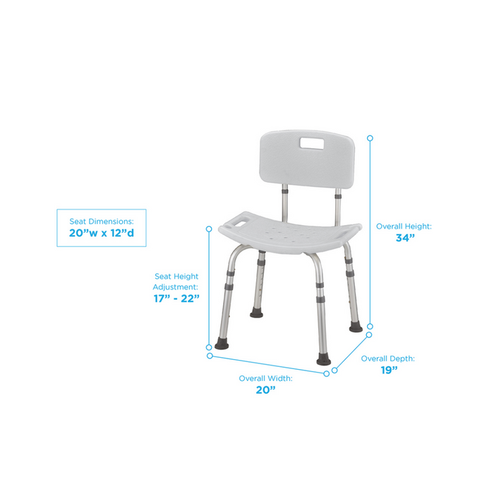 Specifications of the 9121 Nova Medical Shower Chair - Height Adjustable with Curved Seat with backrest