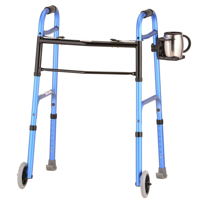 the Nova Medical Universal Fit Cup Holder on a walker with a coffee mug