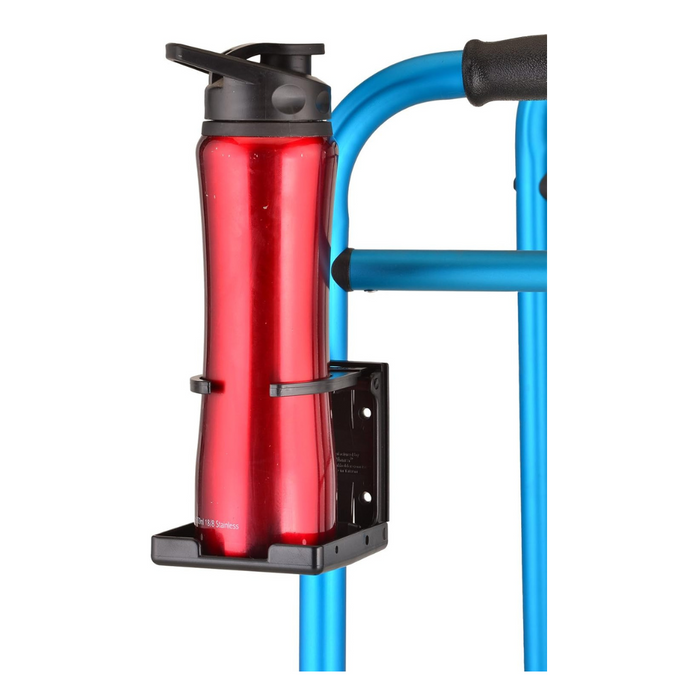 the Nova Medical Universal Fit Cup Holder on a walker with a water bottle