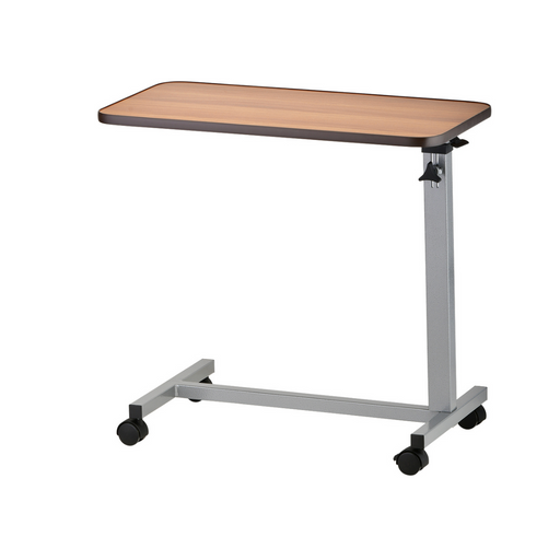 The Nova Medical Rolling Overbed Table - Non Tilt features a rectangular wood top, adjustable height, and a sturdy metal base equipped with four black locking swivel casters for both mobility and stability.