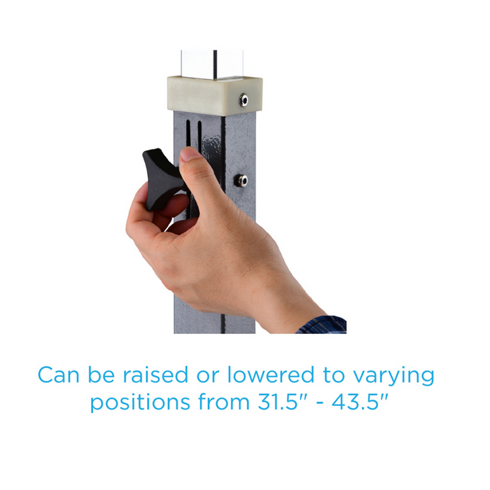 A hand adjusts a lever on the Nova Medical Rolling Overbed Table with Tilting Tray, showing it can be adjusted from 31.5 to 43.5, and features locking swivel casters for easy mobility.