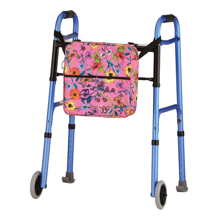 The Nova Medical Mobility Storage Bag, compatible with folding walkers, wheelchairs, and scooters, features a stylish bright pink floral design with butterflies. Its perfect for adding a decorative touch to any blue walker with two wheels.