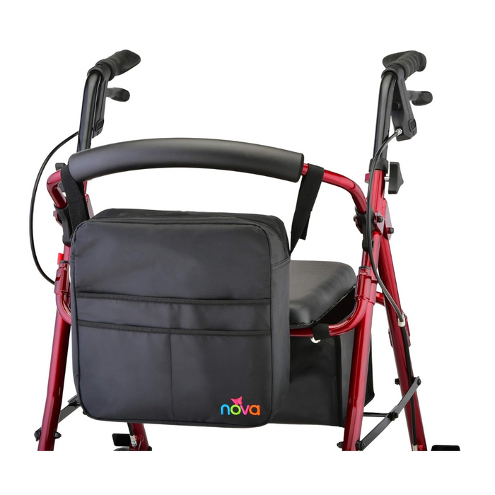 The Nova Medical Mobility Storage Bag in black can hang on the backrest or side of any rollator