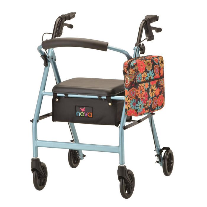 The BOHO Blossoms design for the Nova Medical Mobility Storage Bag can also hang off the side of a rolling walker