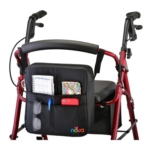 The Black Nova Medical Mobility Storage Bag fits perfect on  the front of all rollators and has many storage compartments