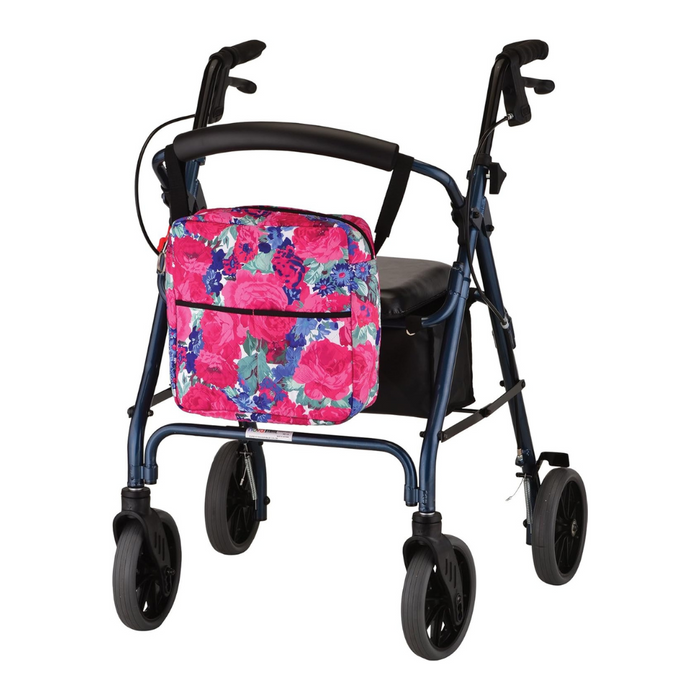 The English Garden design for the Nova Medical Mobility Storage Bag hanging on a rolling walker