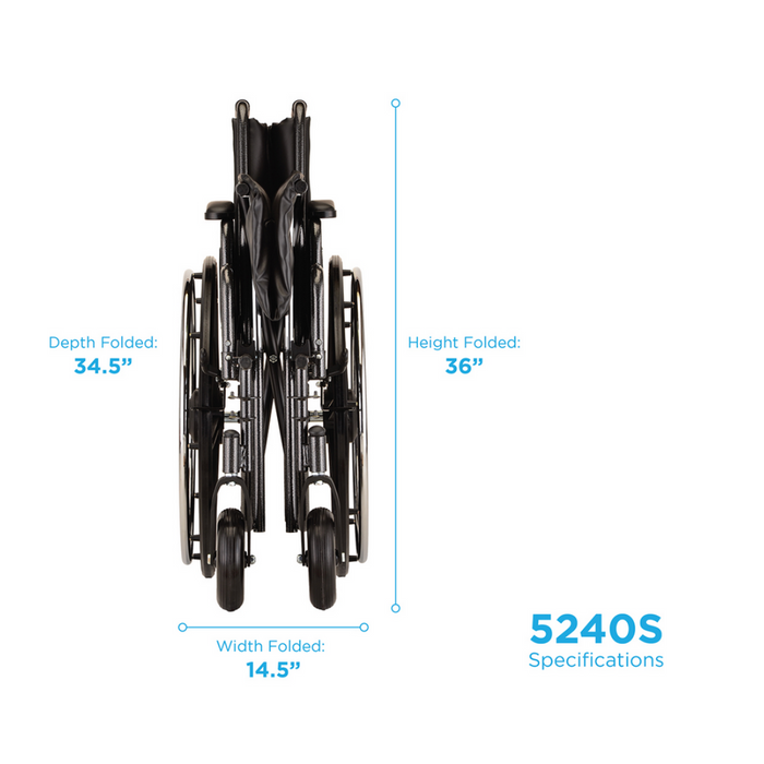 Folded Specifications of the 24" 5240S Nova Medical Steel Wheelchair with Detachable Desk Arms