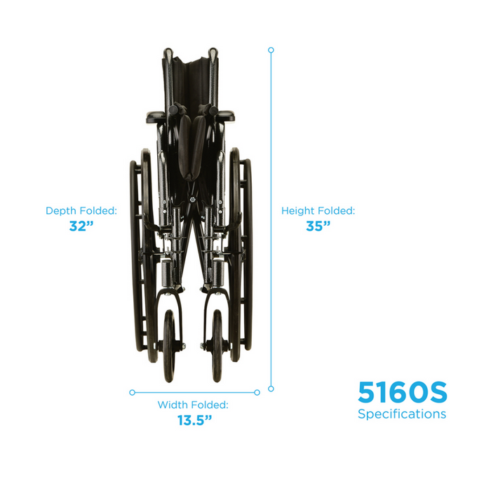 Nova Medical Steel Wheelchair with Detachable Desk Arms: folded dimensions - depth 32, width 13.5, height 35. Features dual axle positions for versatility. Labeled as 5160S Specifications.