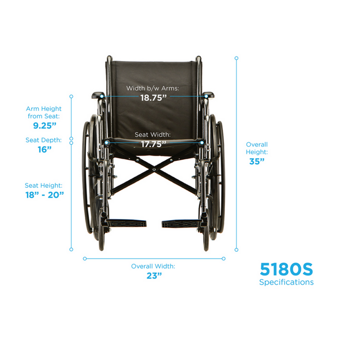 Open Specifications of the 18" 5180 Nova Medical Steel Wheelchair with Detachable Desk Arms