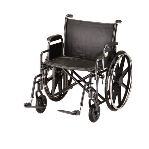 The Nova Medical Steel Wheelchair, in a sleek black design, features large rear wheels and smaller front ones with detachable desk arms. A padded seat and backrest ensure comfort, while dual axle positions increase adaptability. Its angled sturdy steel frame highlights thoughtful engineering.