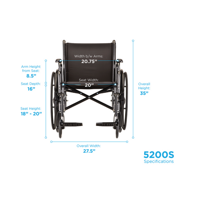 Open Specifications of the 20" 5200 Nova Medical Steel Wheelchair with Detachable Desk Arms