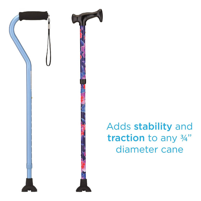 There are two canes: a blue one with a curved handle and strap on the left, and a floral-patterned cane with a black handle on the right. Text reads, Includes Nova Medical All Terrain Quad Tip Base for enhanced stability and traction on any ¾” diameter cane.