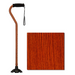 The Nova Medical Stand Alone SugarCane with Quad Tip features a curved wooden handle, comfortable black grip, wrist strap for security, and a wide base for stability. Its rich reddish-brown grain is shown in close-up.