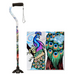 Meet the Nova Medical Stand Alone SugarCane with Quad Tip: a stylish walking cane featuring an abstract peacock design. It offers a comfy grip, black handle with wrist strap, and vibrant blue, green, and orange patterns on its shaft for both style and support.