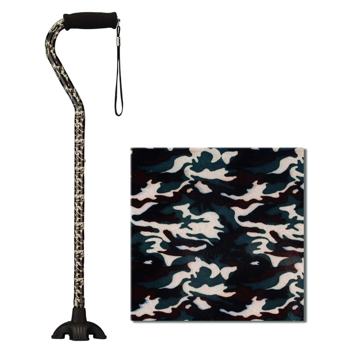 The Nova Medical Stand Alone SugarCane with Quad Tip features a camouflage pattern, a black ergonomic handle with grip and wrist strap, plus a close-up of its green, brown, and black camo base for stability.