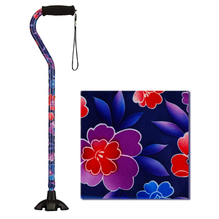 The Nova Medical Stand Alone SugarCane with Quad Tip features a comfortable grip with a black handle and wrist strap. Its shaft boasts vibrant red, purple, and blue flowers on a dark blue background with intricate floral insets.