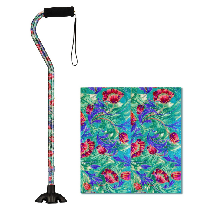 The Nova Medical Stand Alone SugarCane with Quad Tip features a vibrant red floral design on a turquoise background and includes a comfortable black rubber grip. It offers both elegance and stability with its sturdy Quad Tip base, complemented by a matching square fabric swatch.