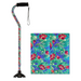 The Nova Medical Stand Alone SugarCane with Quad Tip features a vibrant red floral design on a turquoise background and includes a comfortable black rubber grip. It offers both elegance and stability with its sturdy Quad Tip base, complemented by a matching square fabric swatch.