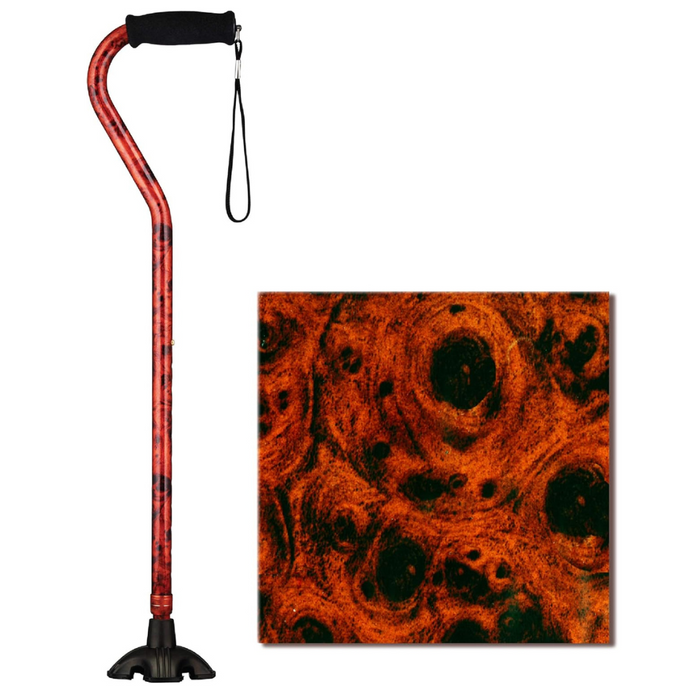 The red Nova Medical Stand Alone SugarCane with Quad Tip features an ergonomic design, comfortable black grip, and a swirled red and black wood-like pattern for stability.