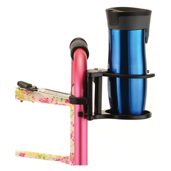 The Nova Medical Swivel Cup Holder For Rollators & Walkers with a coffee much in it