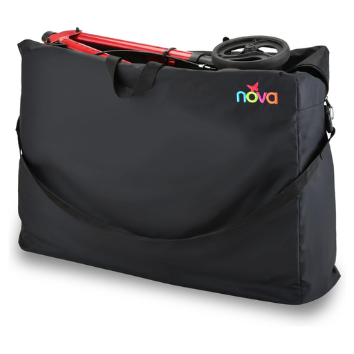 The Nova Extra-Large Carry & Travel Bag for Rollator Walkers & Transport Chairs, in black with a shoulder strap, is shown partially open to display a folded red walker inside. The colorful nova logo appears on the upper right corner.