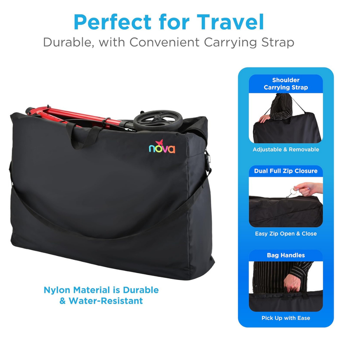 The Nova Extra-Large Carry & Travel Bag for Rollator Walkers & Transport Chairs is black, durable, and water-resistant. It features a shoulder strap, full zip closure, and bag handles for easy carrying and secure storage.